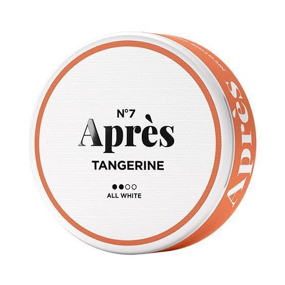 Après Tangerine No.7 –Sweet and sour at the same time. If you like sweet tangerines this is the pouch for you. Comes in a mellow slim pouch that fits perfect under your lip. Aprés products and packaging are made from plant-based materials. FACTS Net Weight: 13 g Nicotine: 8 mg/g Flavour: Tangerine Pouches: 20 / can Pouch size: Slim Texture: Moist Available in: Single cans, rolls (10 cans) Manufacturer: Après Nicotine AB